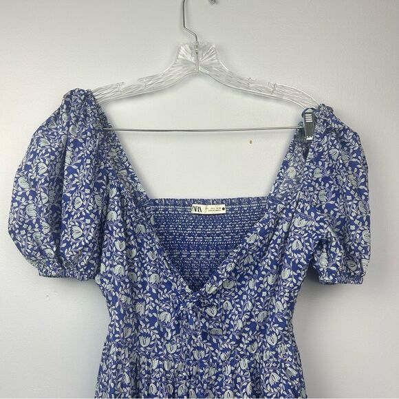 Zara Balloon Sleeve Fit N Flare Dress Skater Floral Shirred Blogger Favorite L - Picture 14 of 16